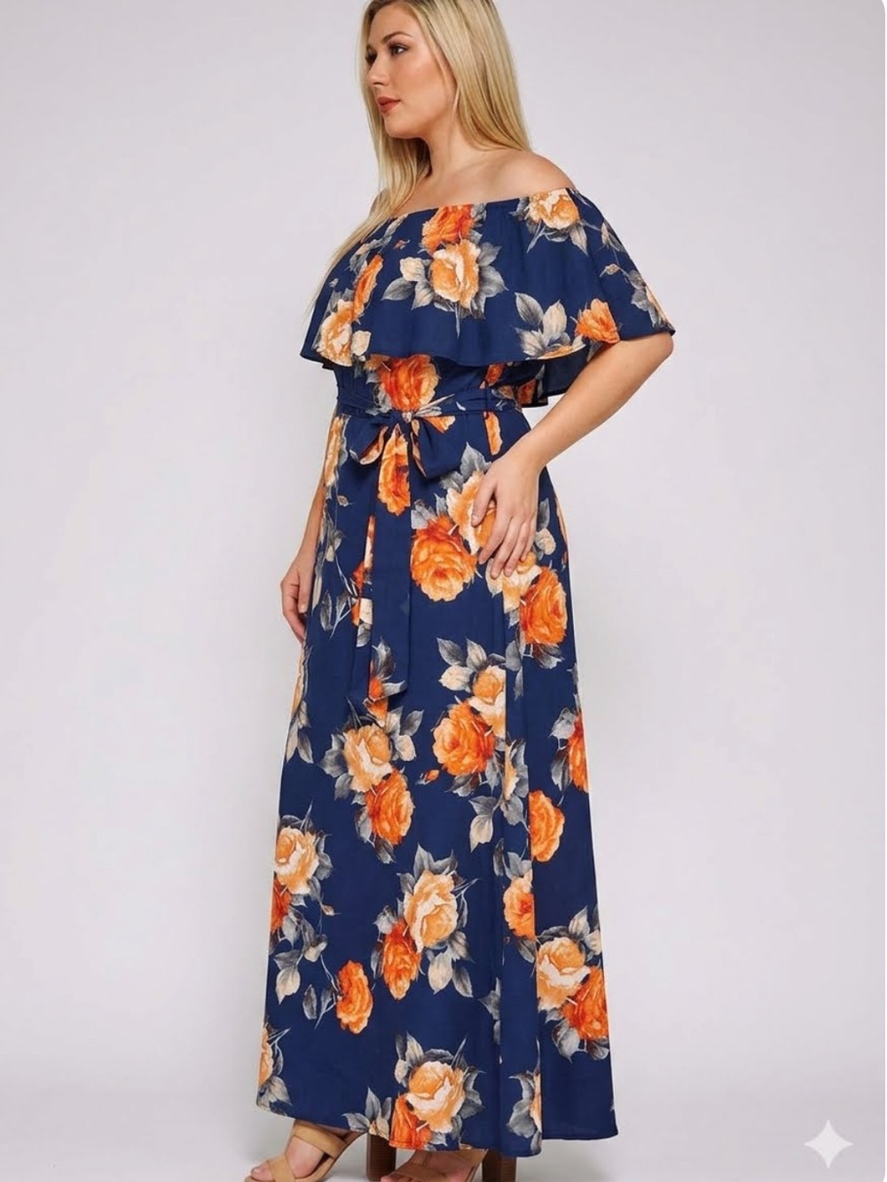 New!Plus Size Floral Off Shoulder Belted Maxi Dress Sizes 1X 2X 3X - Picture 2 of 5